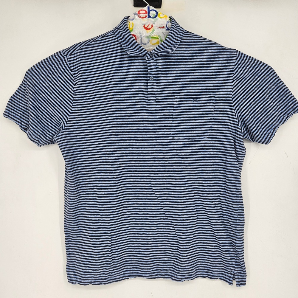 Johnnie O Polo Shirt Mens Large Performance Hangin Out Blue Striped Linen Blend